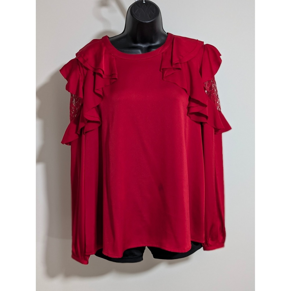 Worthington Ruffle Blouse Lace Sleeve Long Sleeve Top Red Size L